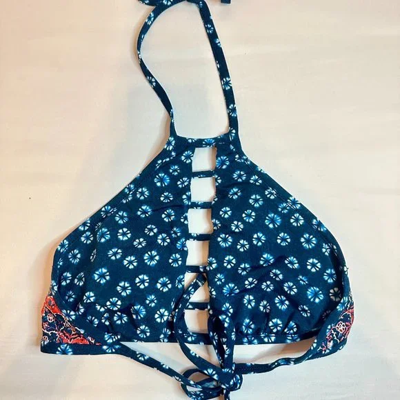 Lucky Brand Navy/Coral Festival Medallion Reversible High Neck Bikini Top - XS/S - Picture 7 of 8